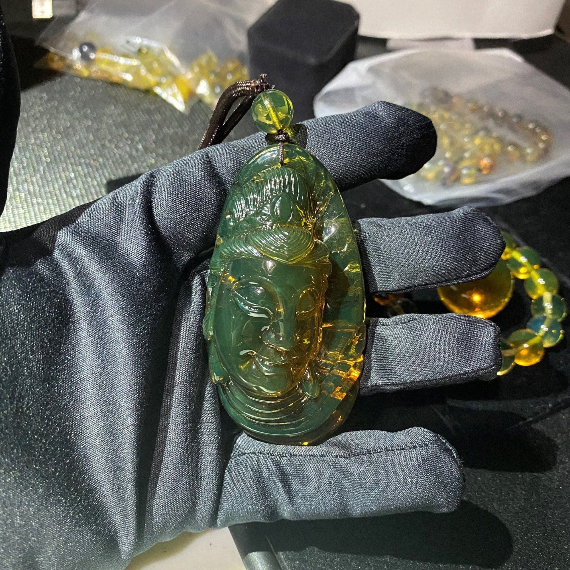 Dominican Green Amber Guan Yin Pendant - Larimar Creations
