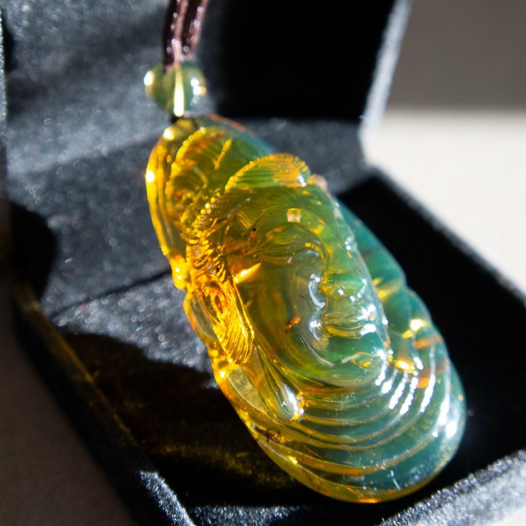Dominican Green Amber Guan Yin Pendant - Larimar Creations