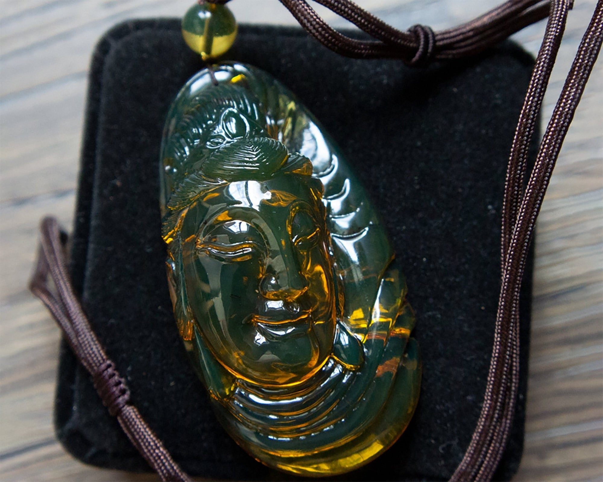 Dominican Green Amber Guan Yin Pendant - Larimar Creations