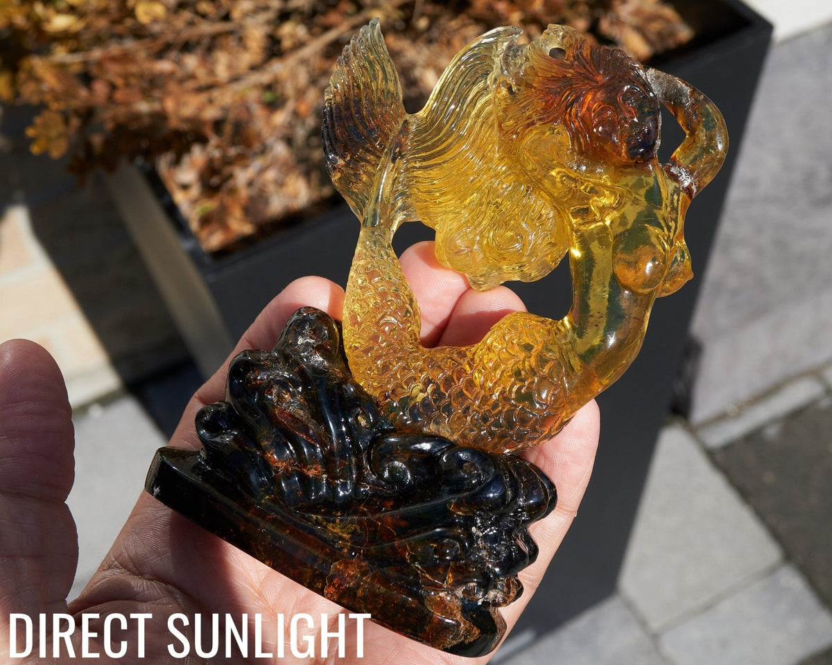 Dominican Green Amber Mermaid Figure Carving - Larimar Creations