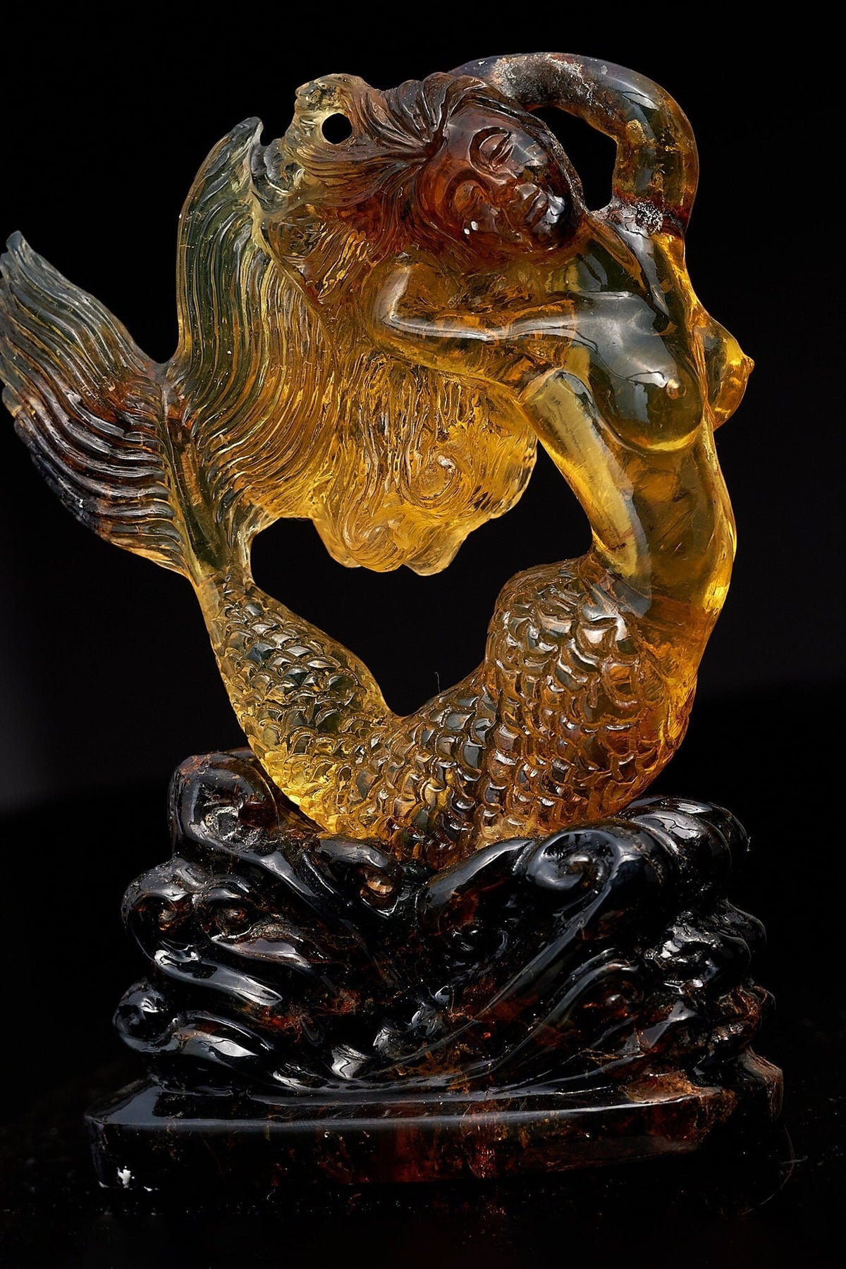 Dominican Green Amber Mermaid Figure Carving - Larimar Creations