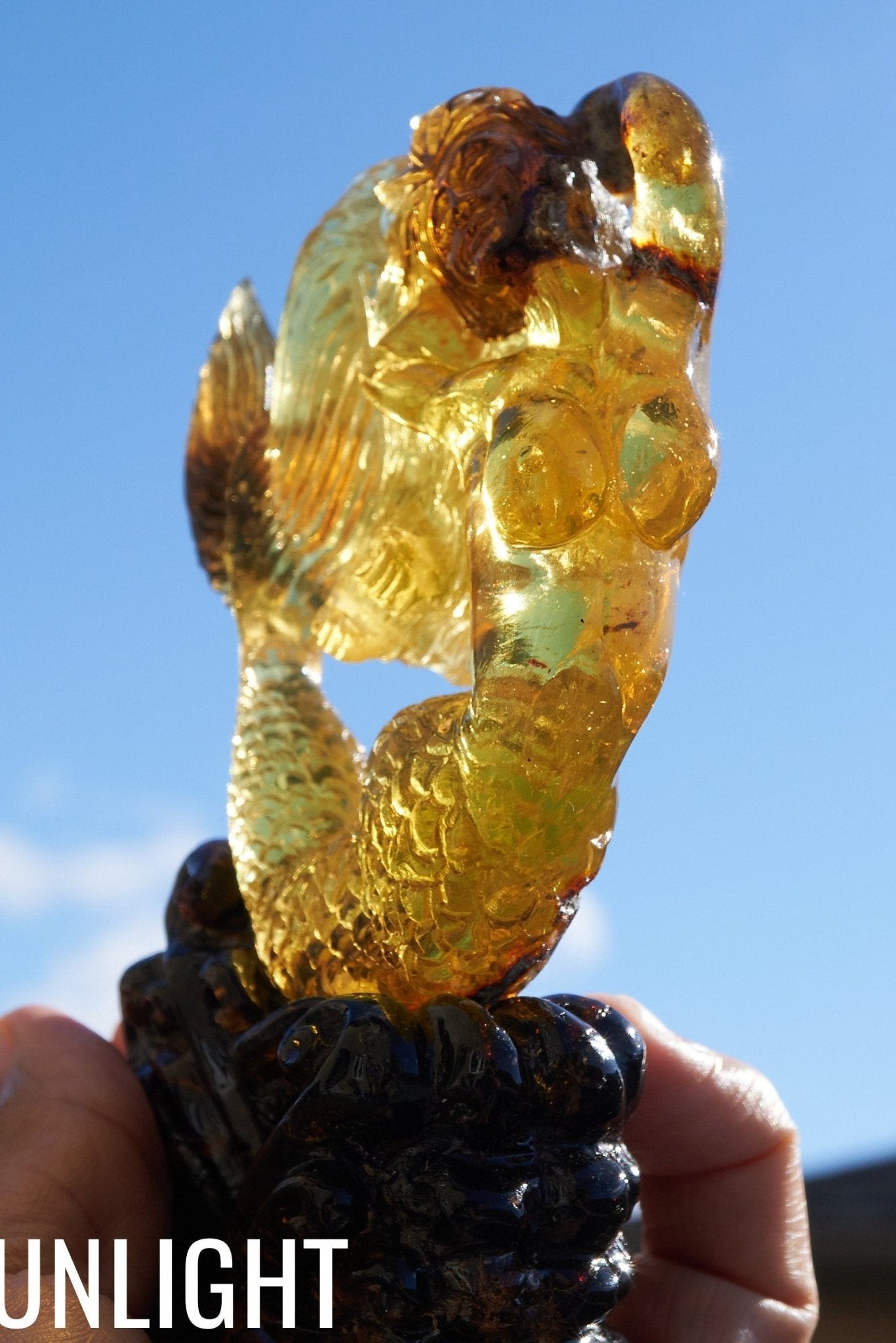 Dominican Green Amber Mermaid Figure Carving - Larimar Creations