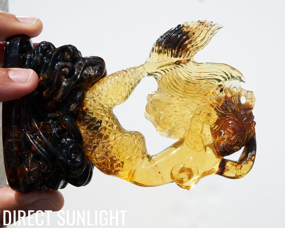 Dominican Green Amber Mermaid Figure Carving - Larimar Creations