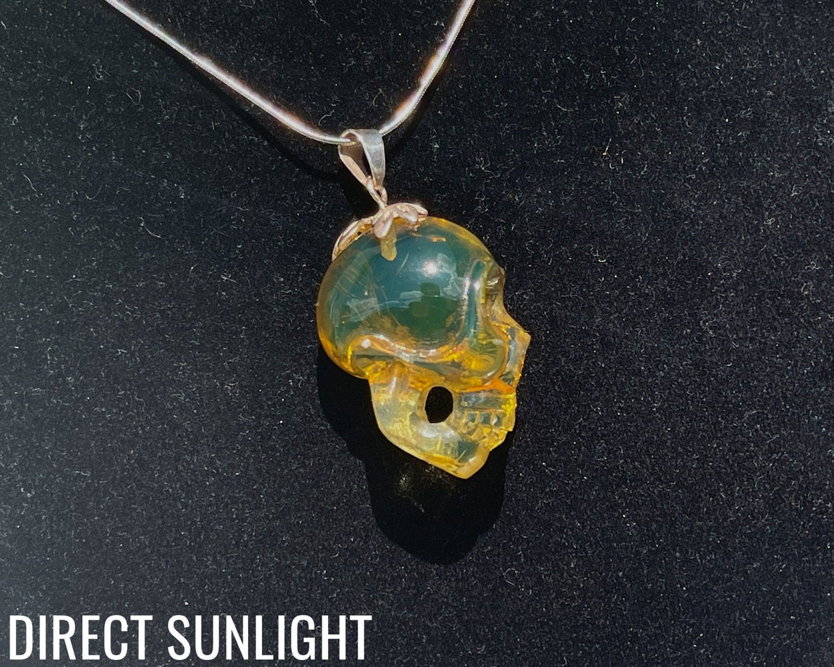 Dominican Green Amber Skull Carving - Realistic Necklace - Larimar Creations