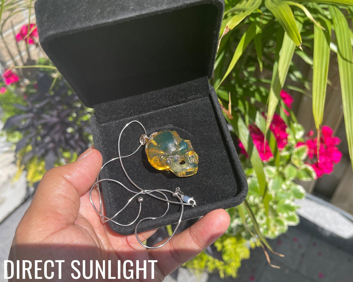 Dominican Green Amber Skull Carving - Realistic Necklace - Larimar Creations