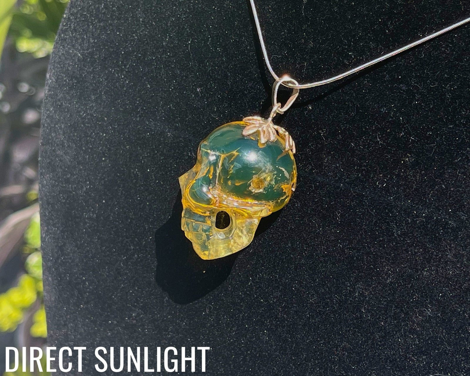 Dominican Green Amber Skull Carving - Realistic Necklace - Larimar Creations