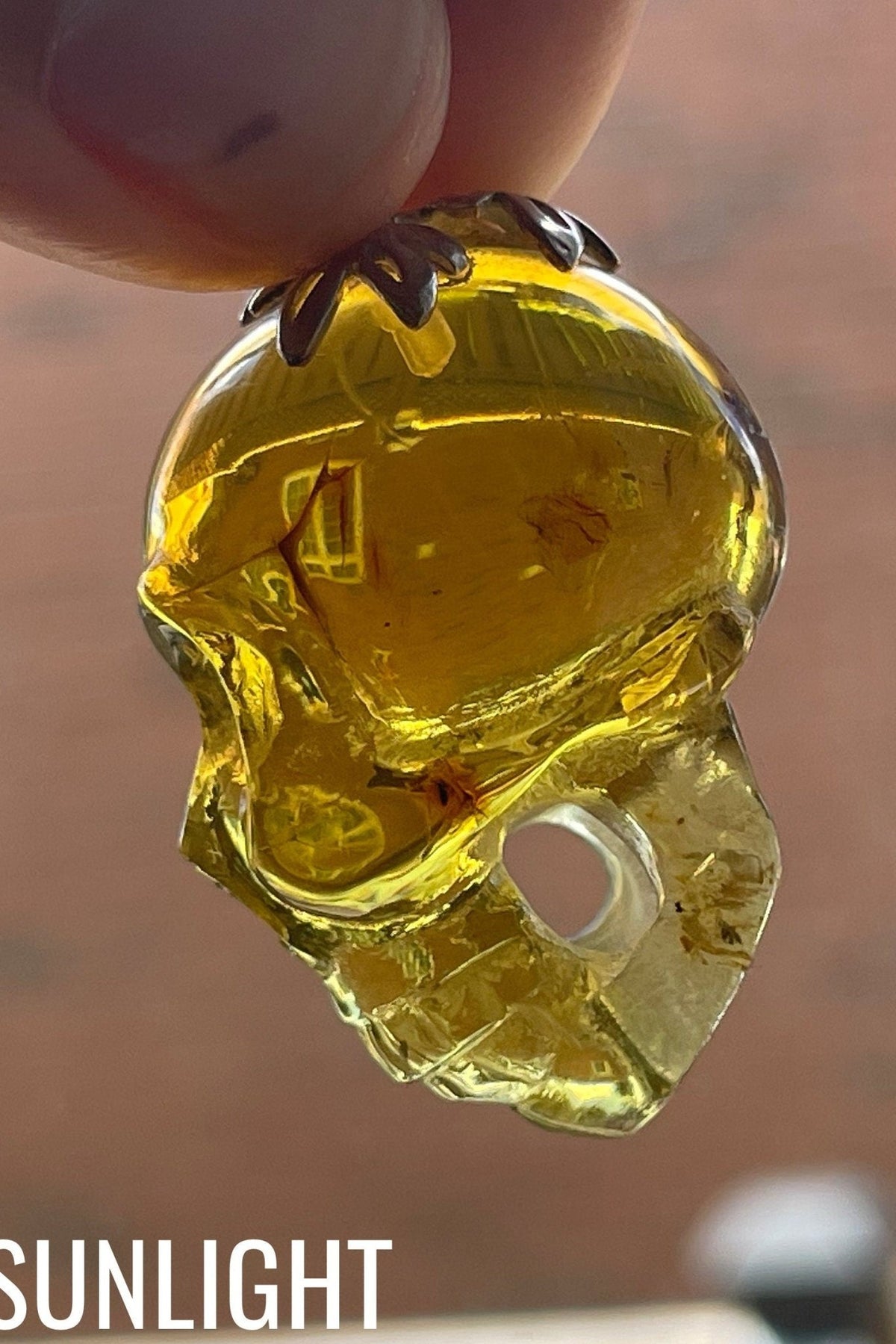 Dominican Green Amber Skull Carving - Realistic Necklace - Larimar Creations
