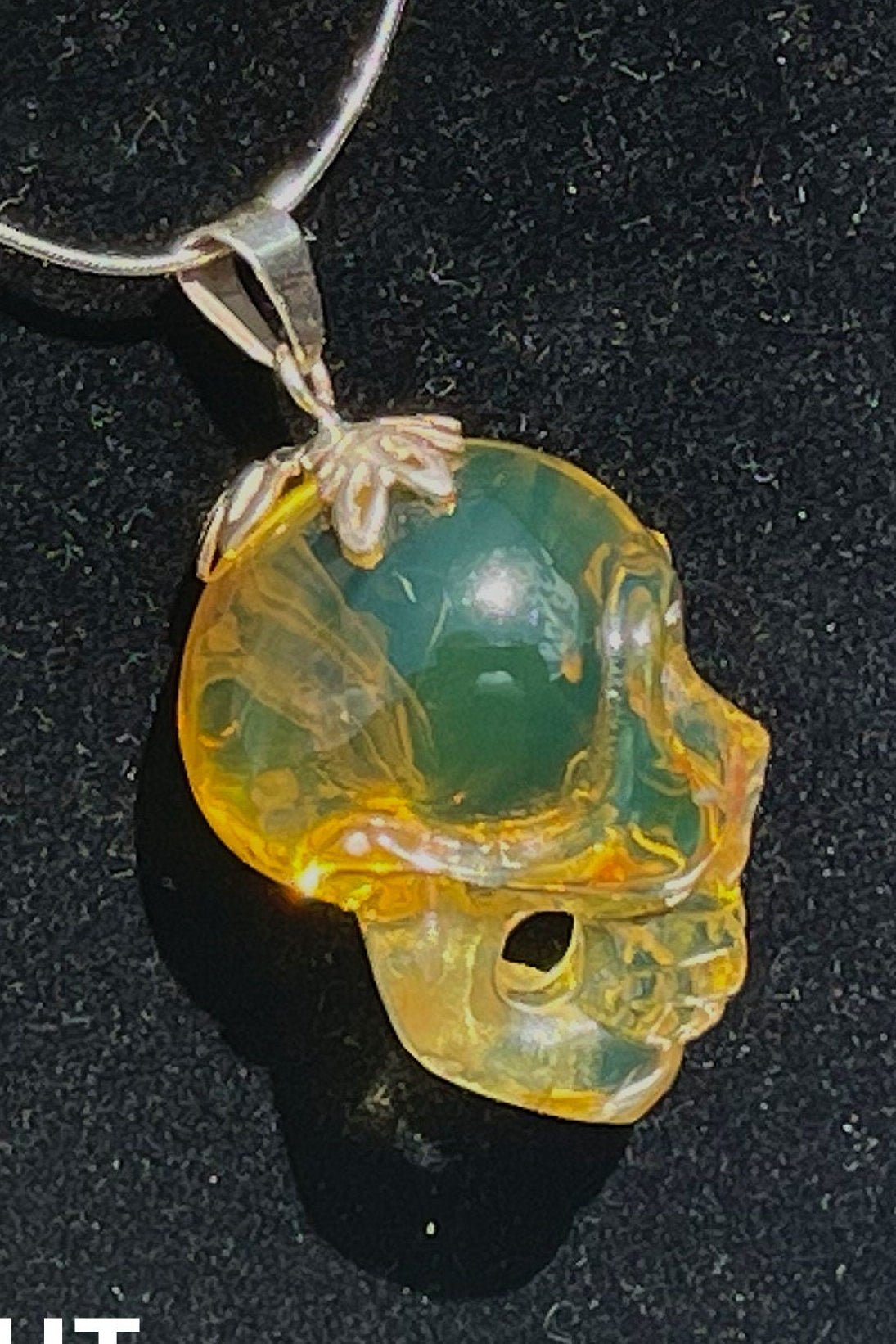 Dominican Green Amber Skull Carving - Realistic Necklace - Larimar Creations