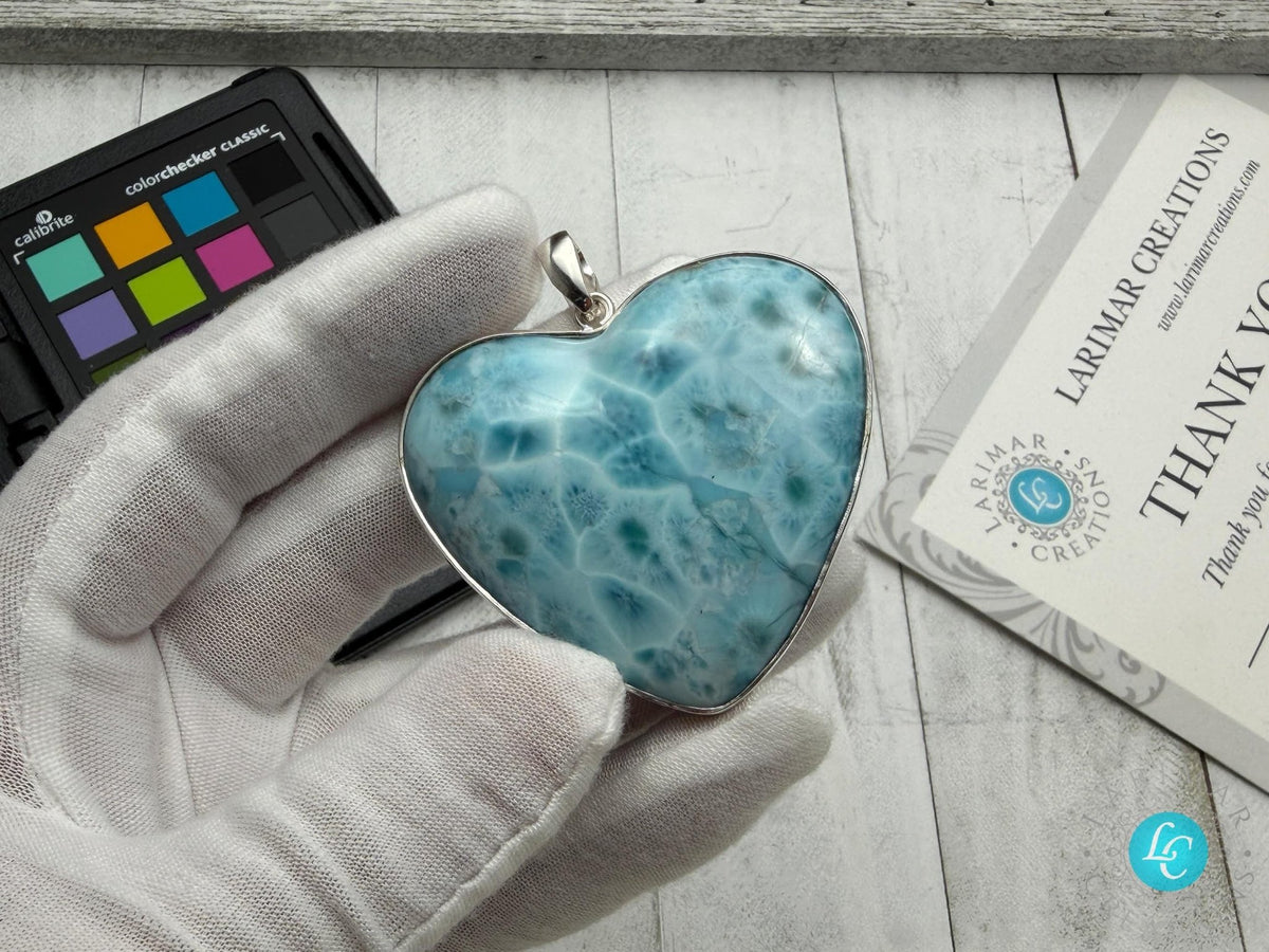 Extra Large Larimar Heart Pendant – 925 Sterling silver - Larimar Creations