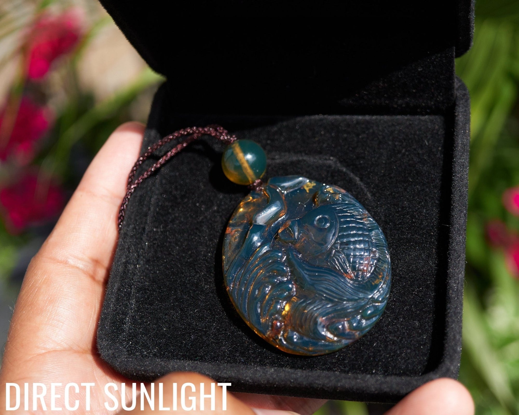 Hand - Carved Blue Dominican Amber Koi Fish Pendant | Adjustable Necklace - Larimar Creations