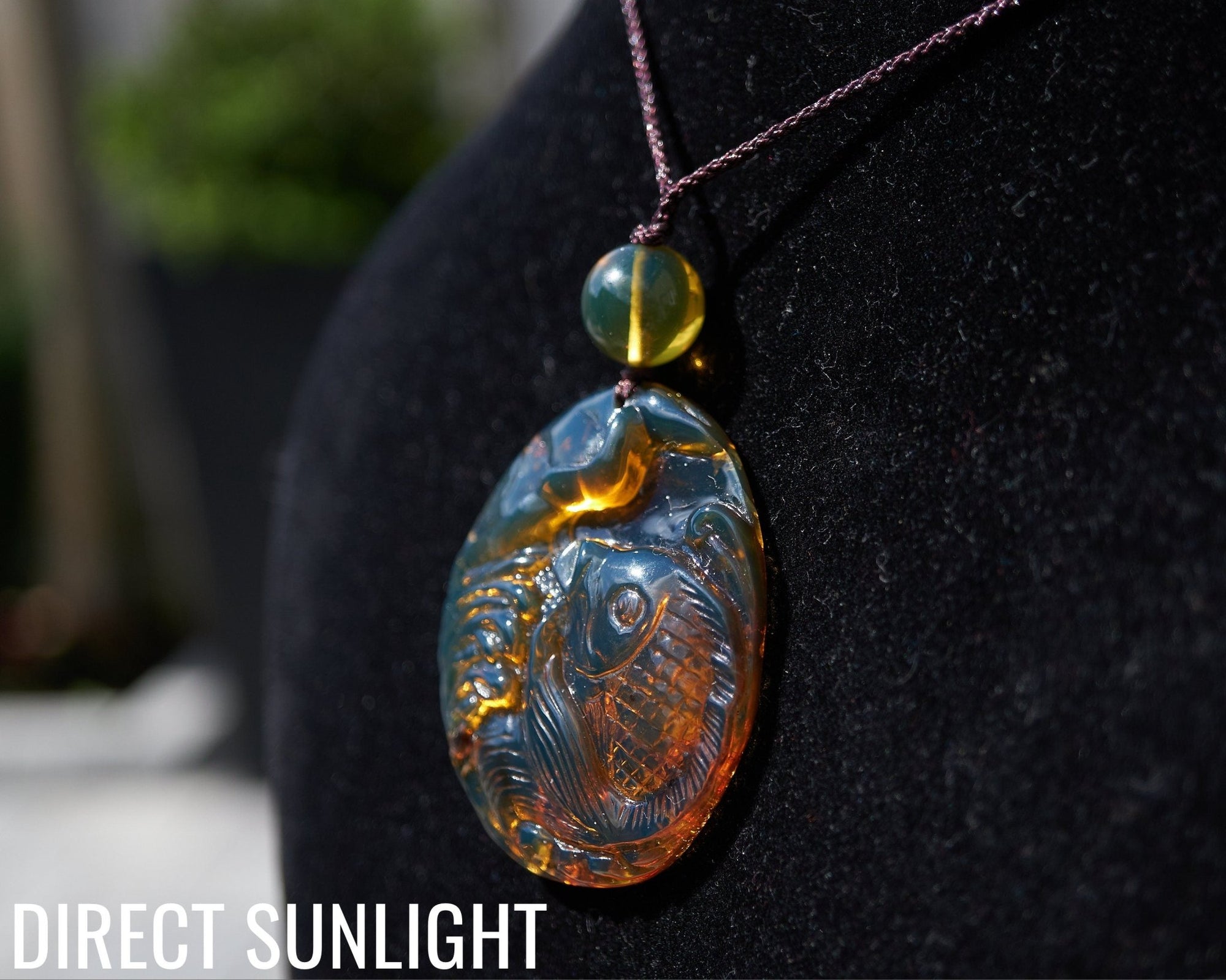 Hand - Carved Blue Dominican Amber Koi Fish Pendant | Adjustable Necklace - Larimar Creations