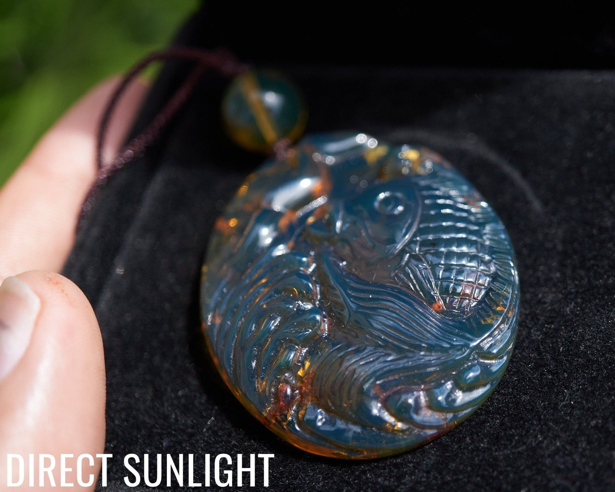 Hand - Carved Blue Dominican Amber Koi Fish Pendant | Adjustable Necklace - Larimar Creations