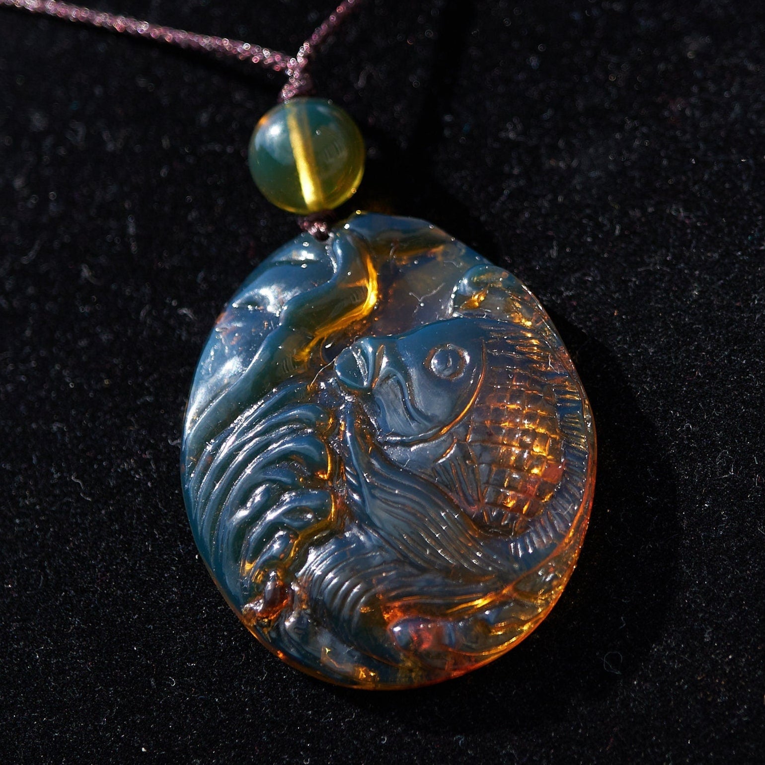 Hand - Carved Blue Dominican Amber Koi Fish Pendant | Adjustable Necklace - Larimar Creations