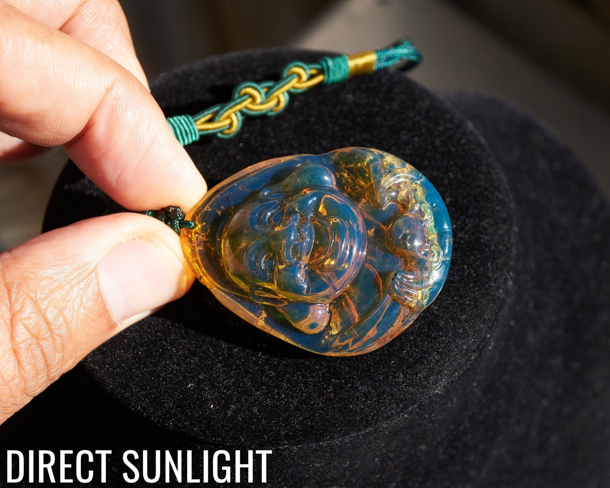 Hand - Carved Dominican Amber Laughing Buddha Pendant | Spiritual Jewelry - Larimar Creations