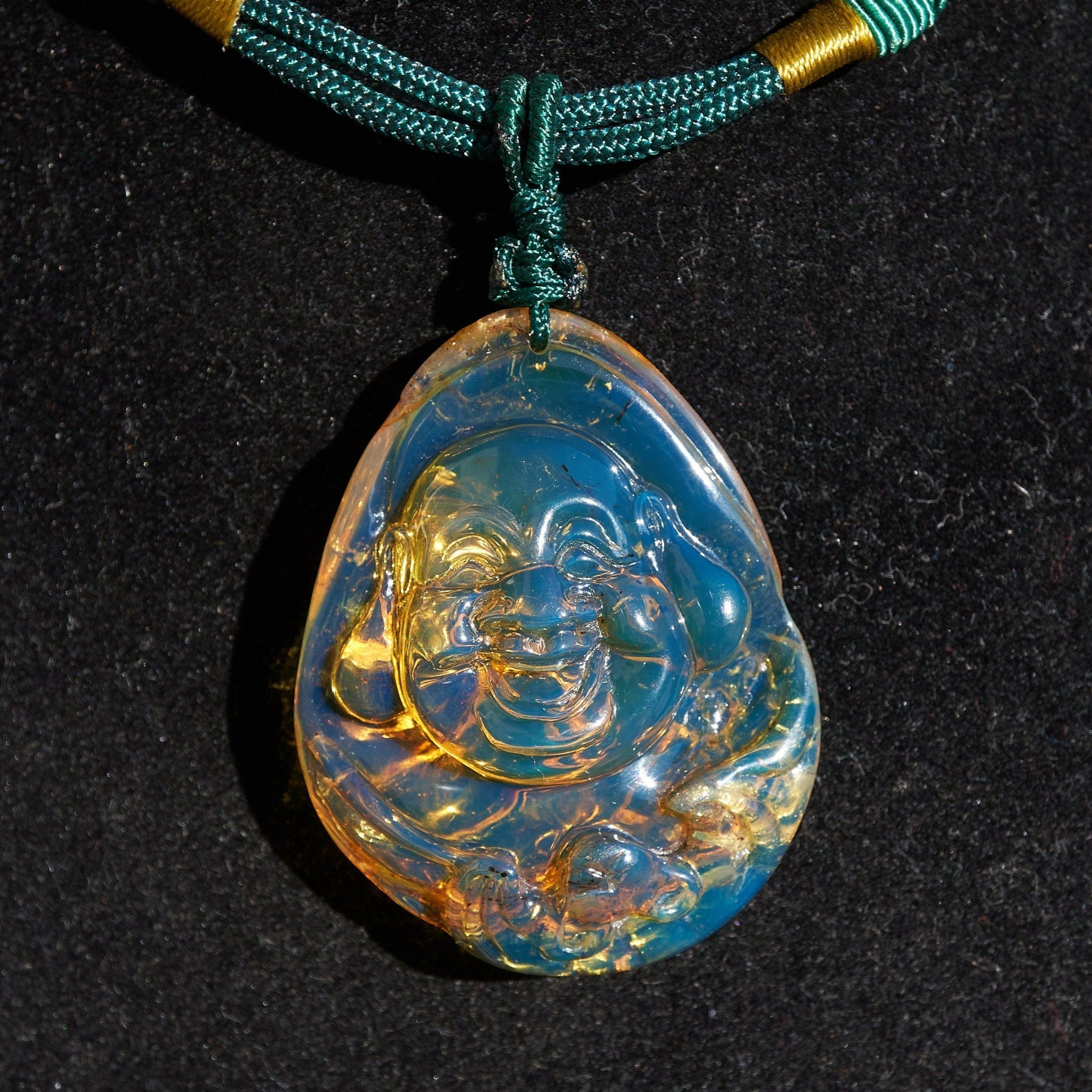 Hand - Carved Dominican Amber Laughing Buddha Pendant | Spiritual Jewelry - Larimar Creations