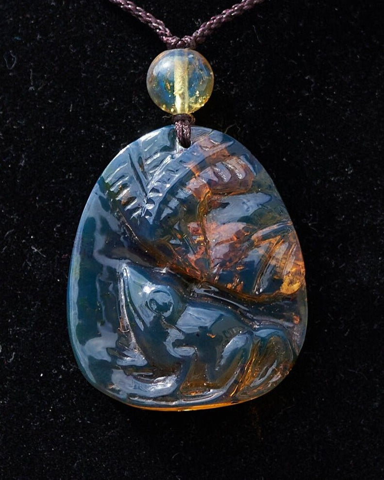 Hand - Carved Dominican Blue Amber Frog Pendant | Adjustable Necklace - Larimar Creations