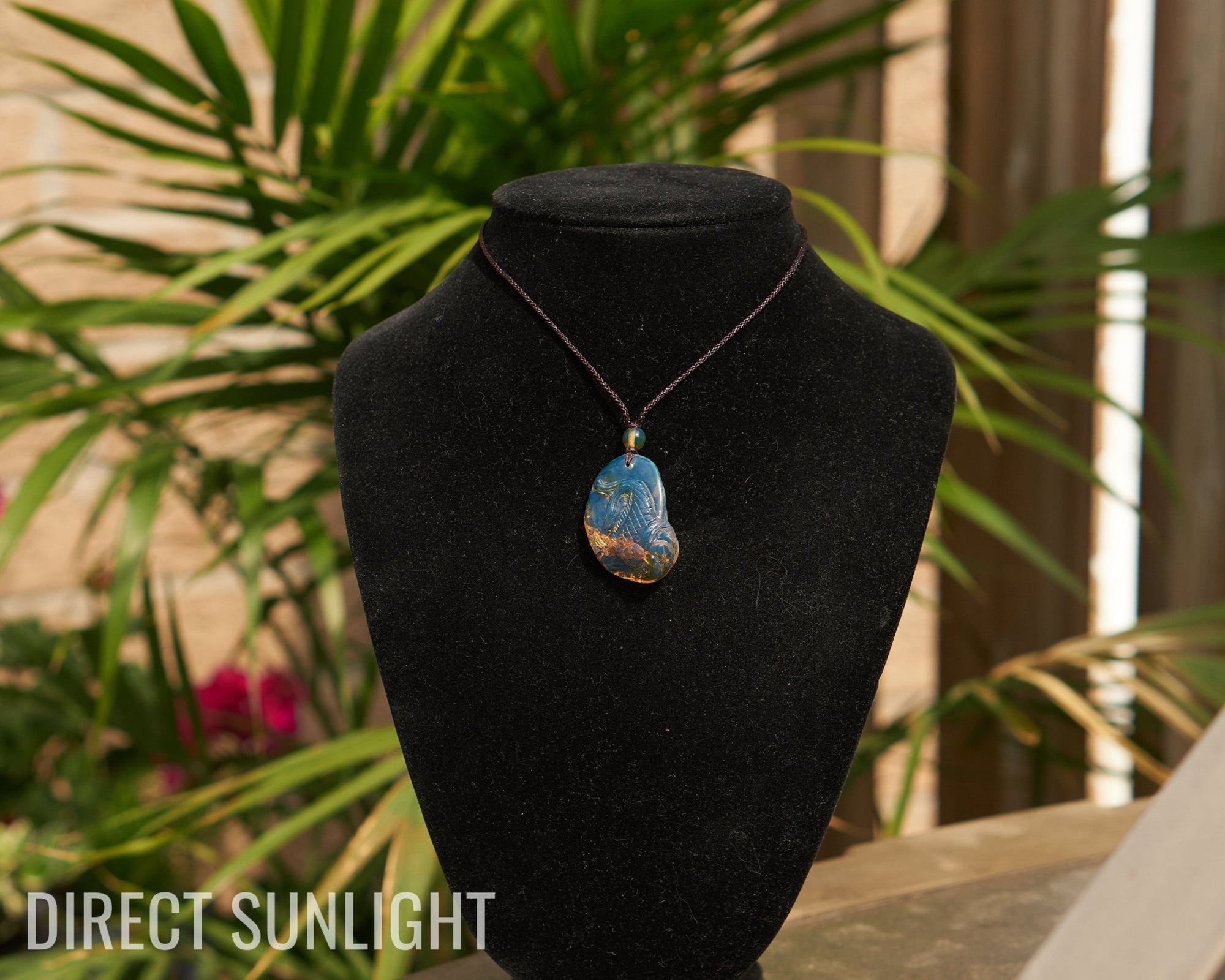 Hand - Carved Dominican Blue Amber Koi Fish Pendant | Adjustable Necklace - Larimar Creations