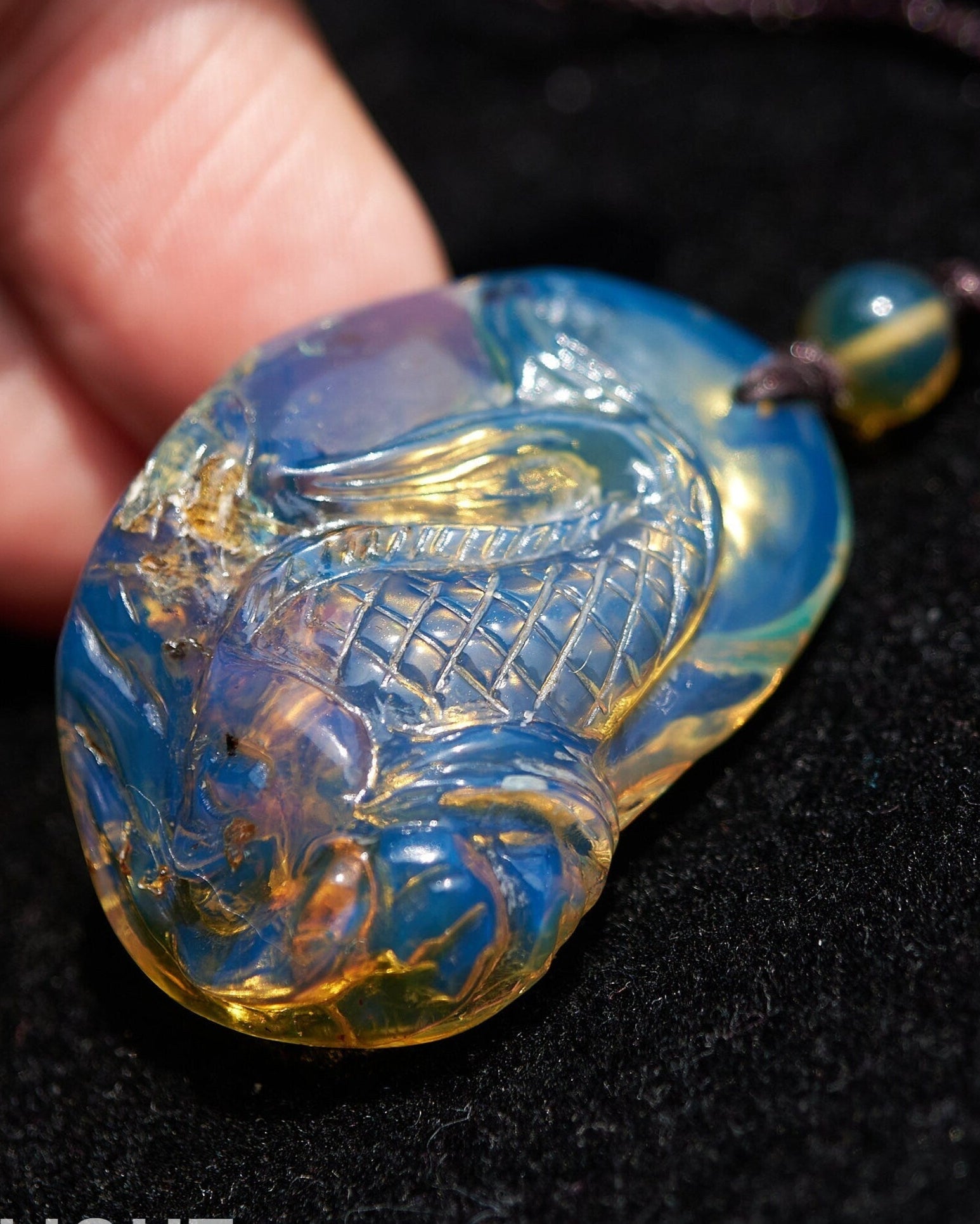 Hand - Carved Dominican Blue Amber Koi Fish Pendant | Adjustable Necklace - Larimar Creations