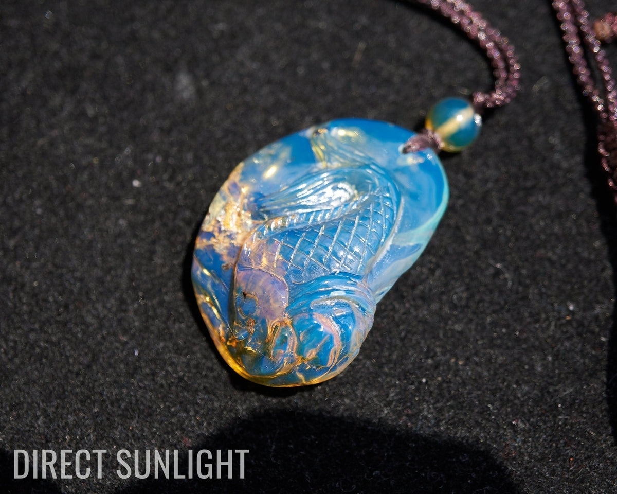 Hand - Carved Dominican Blue Amber Koi Fish Pendant | Adjustable Necklace - Larimar Creations