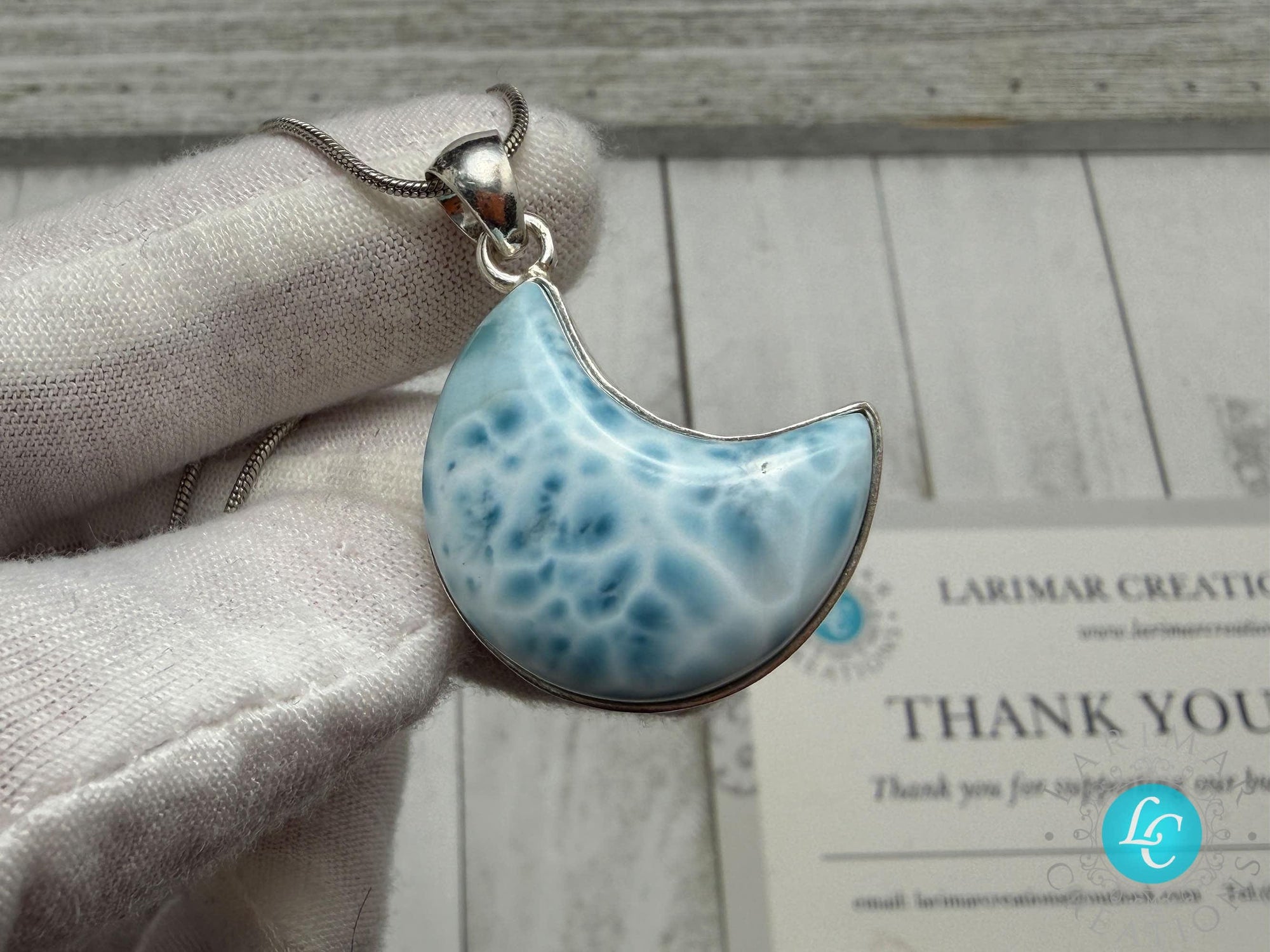 Handmade Larimar Moon Pendant, Sterling Silver Boho Necklace, Blue Larimar Jewelry, Large Cabochon, Moon Shape, Gift for Her, Unique Larimar