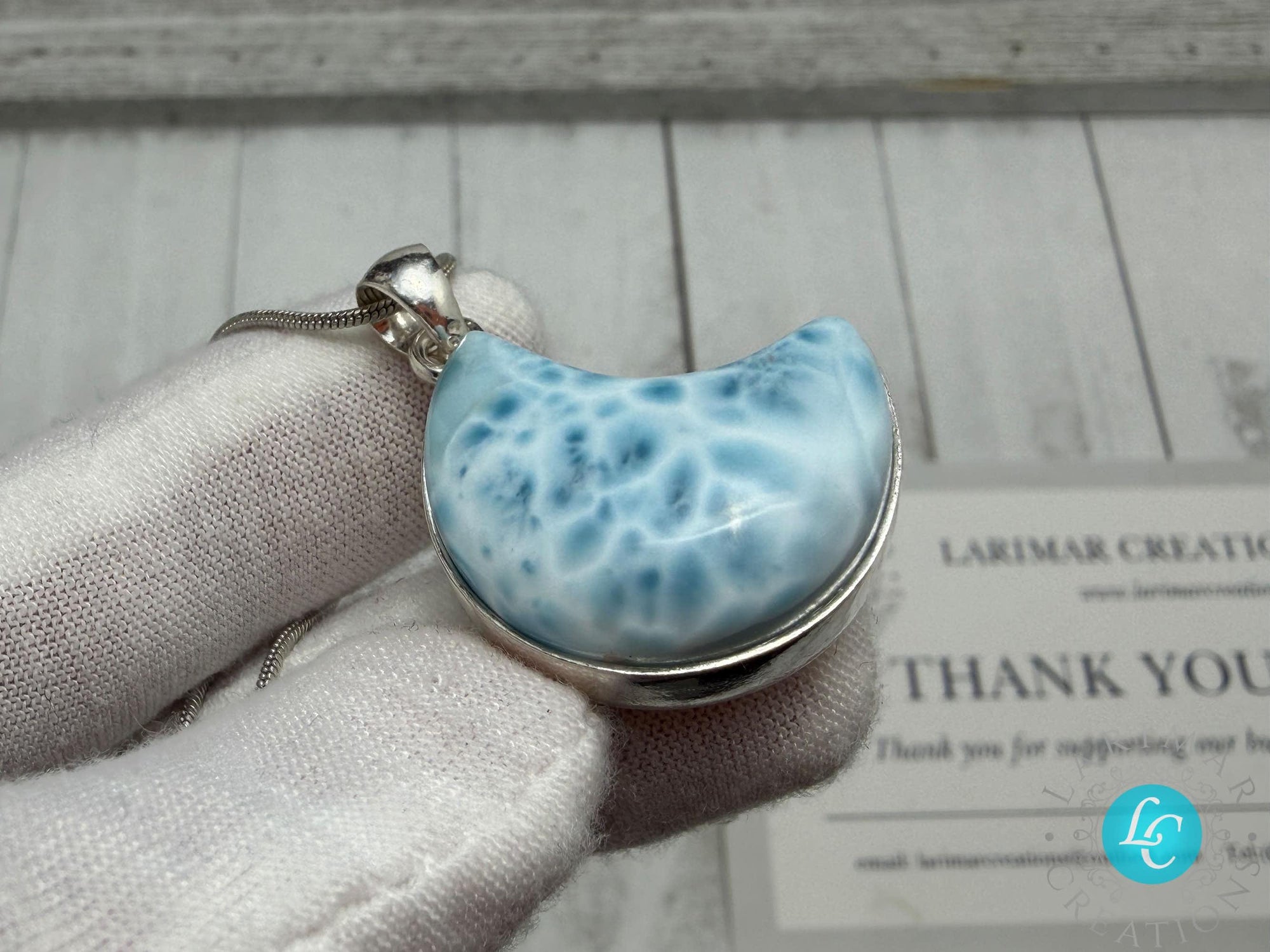 Handmade Larimar Moon Pendant, Sterling Silver Boho Necklace, Blue Larimar Jewelry, Large Cabochon, Moon Shape, Gift for Her, Unique Larimar