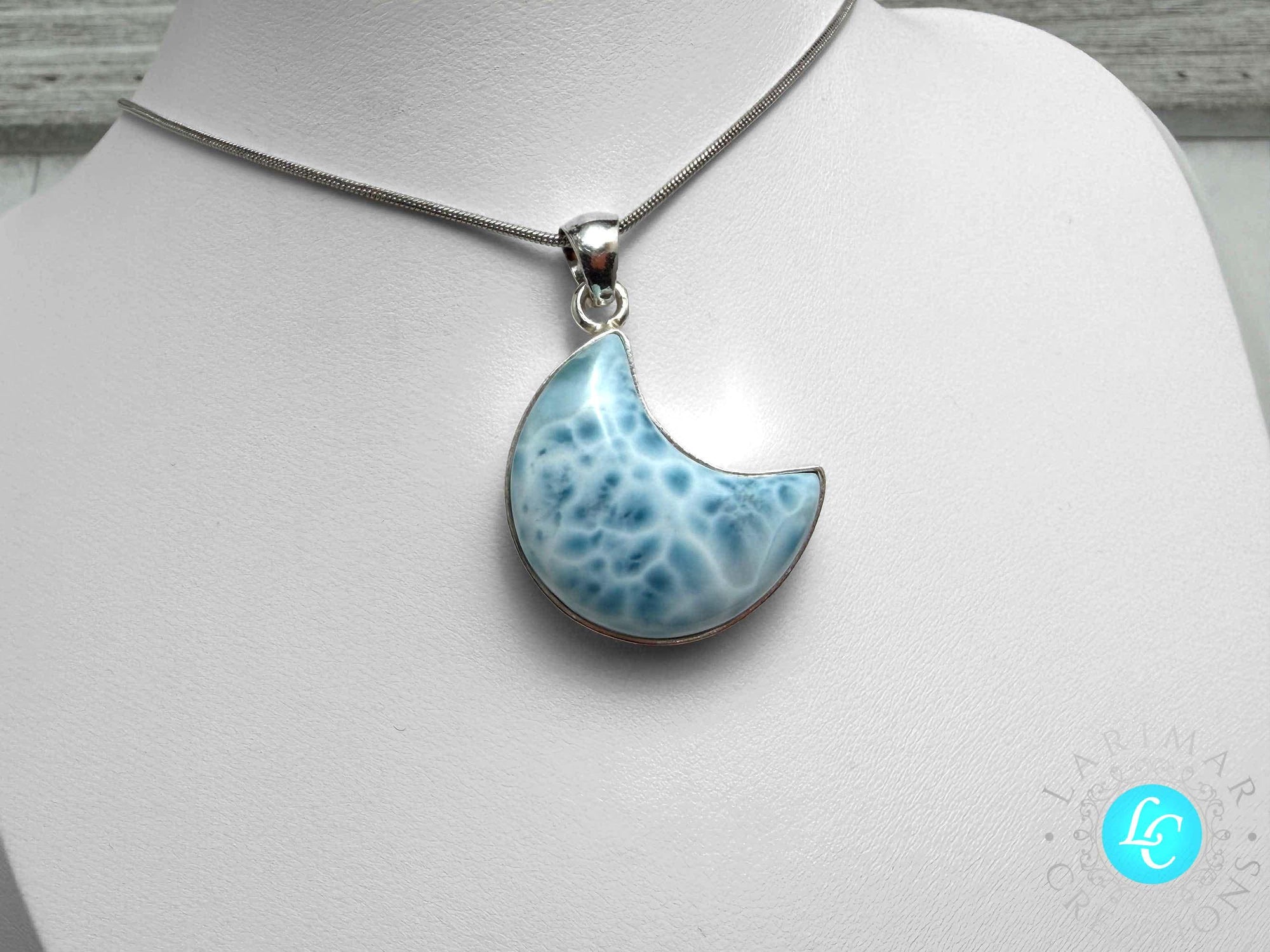Handmade Larimar Moon Pendant, Sterling Silver Boho Necklace, Blue Larimar Jewelry, Large Cabochon, Moon Shape, Gift for Her, Unique Larimar