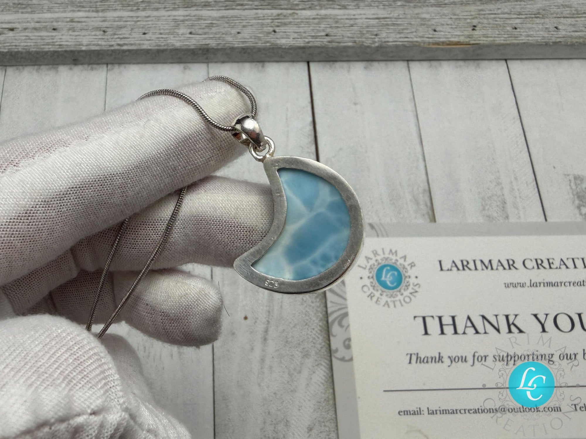 Handmade Larimar Moon Pendant, Sterling Silver Boho Necklace, Blue Larimar Jewelry, Large Cabochon, Moon Shape, Gift for Her, Unique Larimar