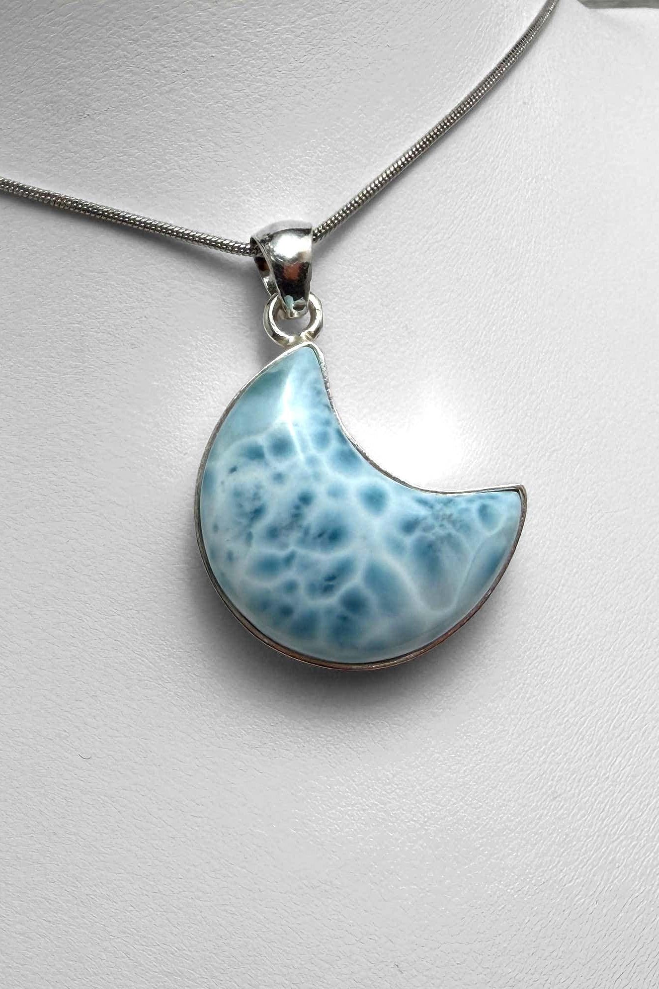Handmade Larimar Moon Pendant, Sterling Silver Boho Necklace, Blue Larimar Jewelry, Large Cabochon, Moon Shape, Gift for Her, Unique Larimar