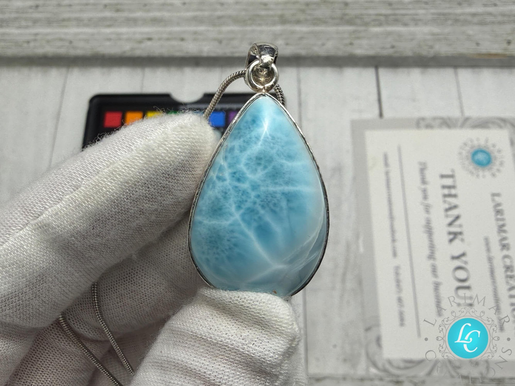 Teardrop Larimar Pendant Necklace, 925 Sterling Silver, Dominican AAA Kidney Pattern