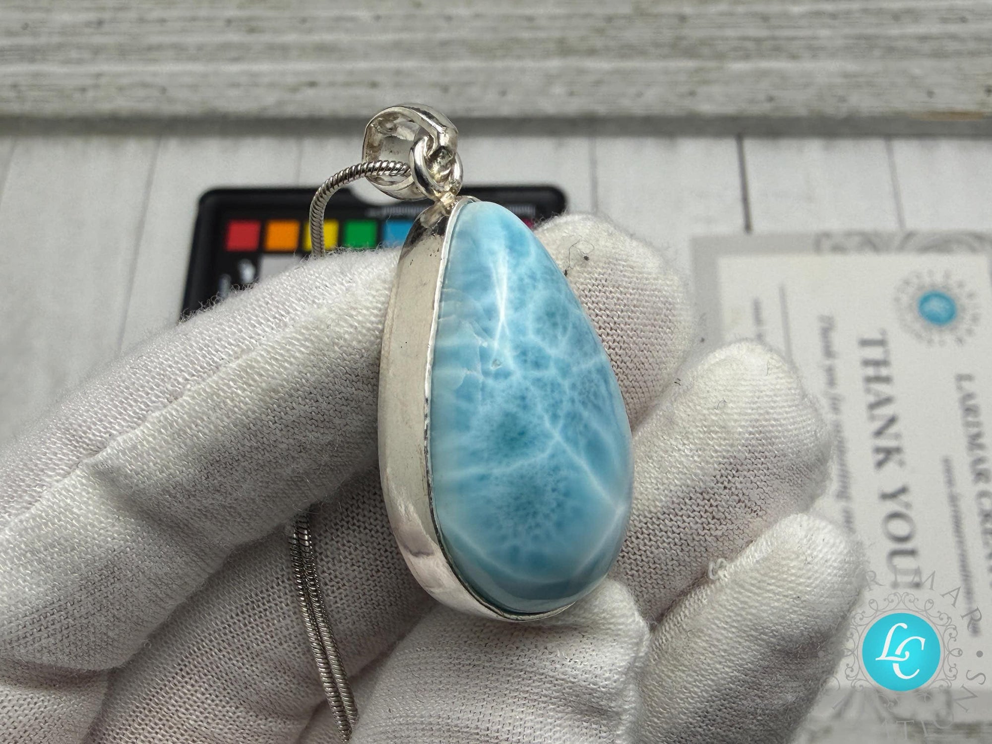 Teardrop Larimar Pendant Necklace, 925 Sterling Silver, Dominican AAA Kidney Pattern