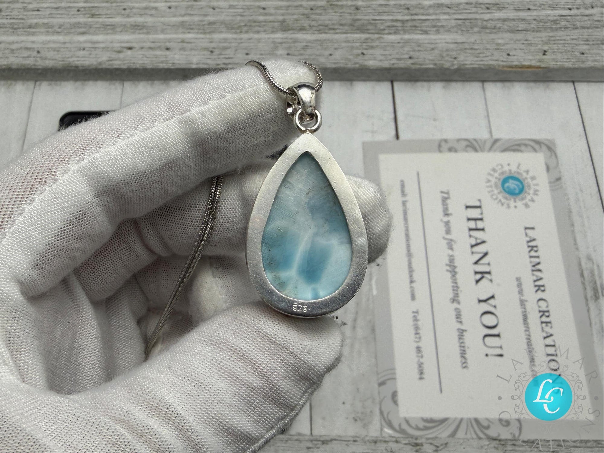 Teardrop Larimar Pendant Necklace, 925 Sterling Silver, Dominican AAA Kidney Pattern