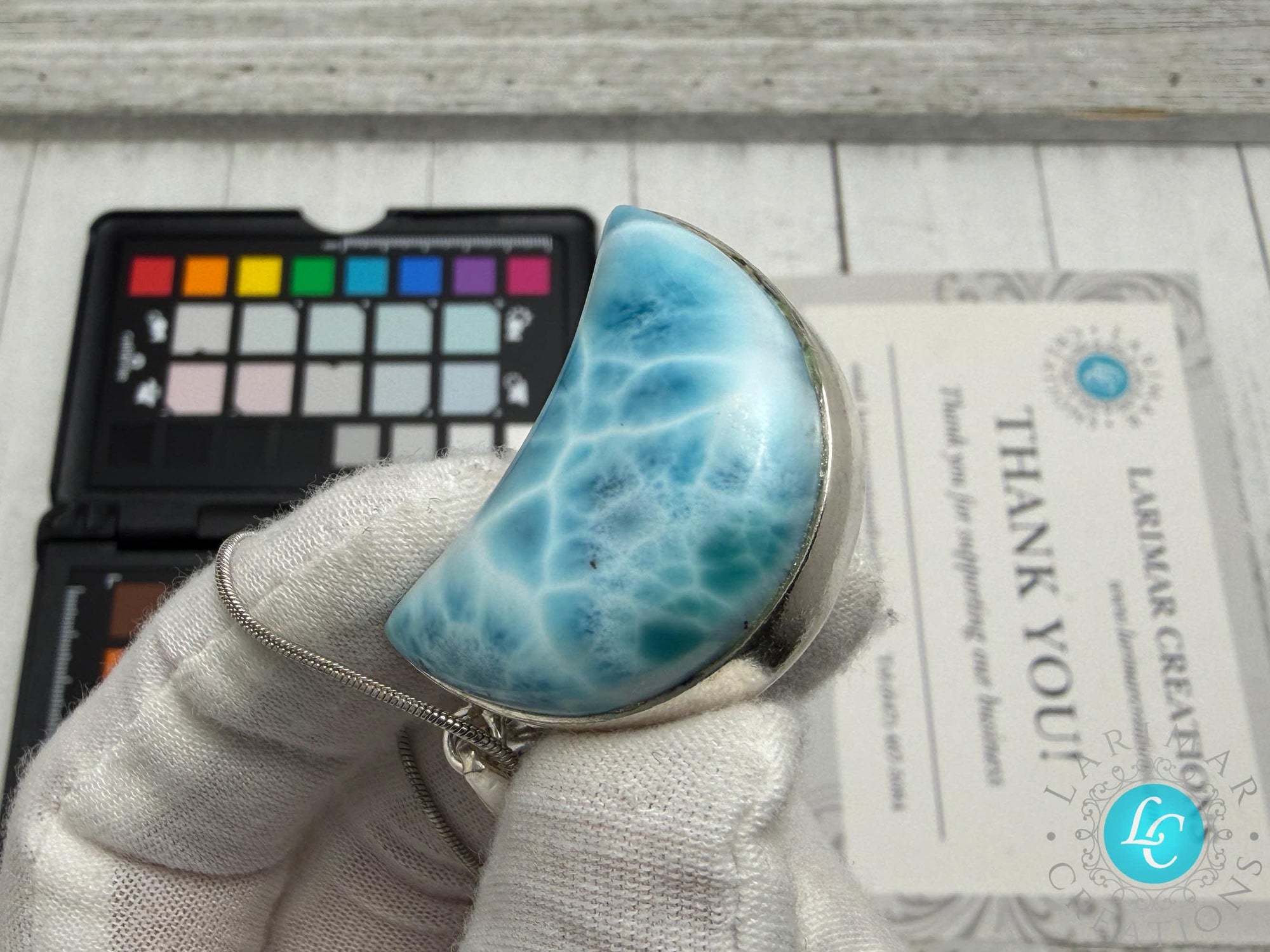 Large Larimar Moon Pendant Necklace – AAA Blue Larimar Statement Jewelry – Dominican Natural Gemstone Gift for Her