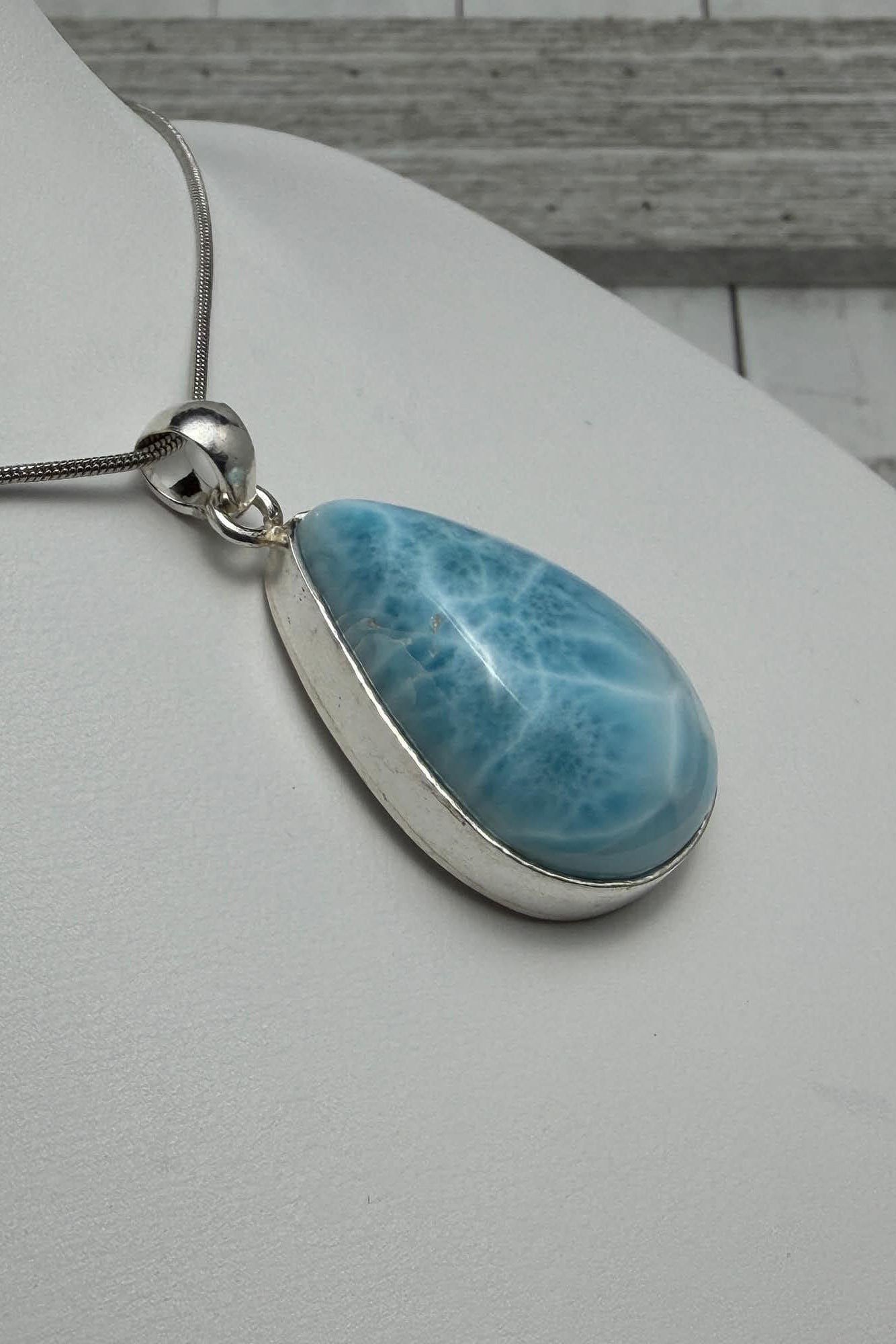 Teardrop Larimar Pendant Necklace, 925 Sterling Silver, Dominican AAA Kidney Pattern