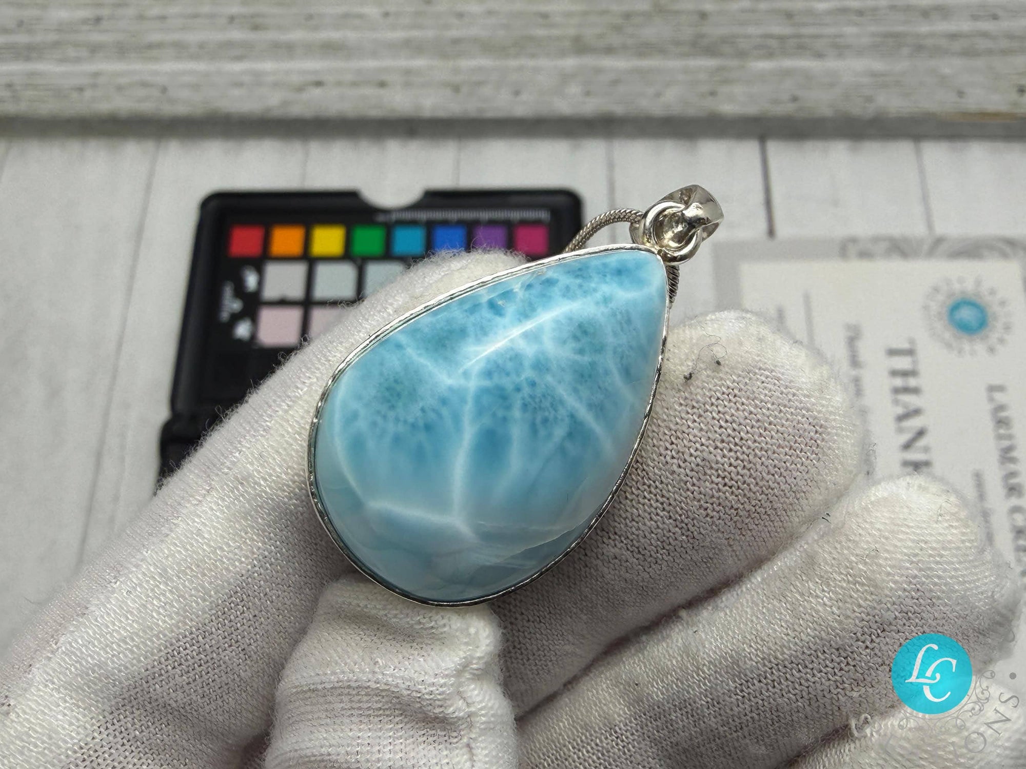 Teardrop Larimar Pendant Necklace, 925 Sterling Silver, Dominican AAA Kidney Pattern