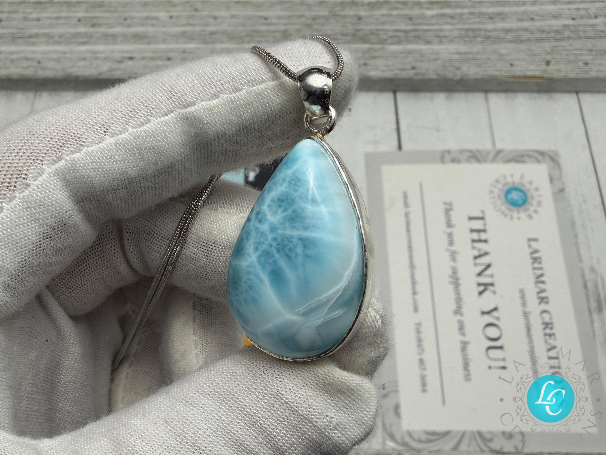 Teardrop Larimar Pendant Necklace, 925 Sterling Silver, Dominican AAA Kidney Pattern