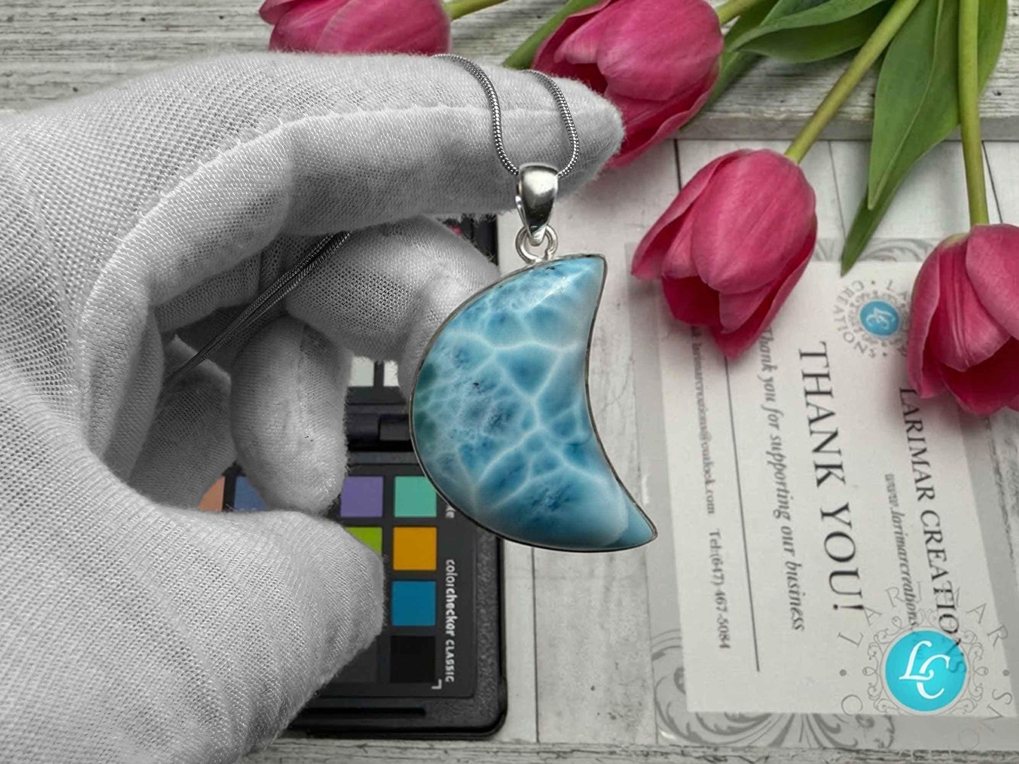 Large Larimar Moon Pendant Necklace – AAA Blue Larimar Statement Jewelry – Dominican Natural Gemstone Gift for Her