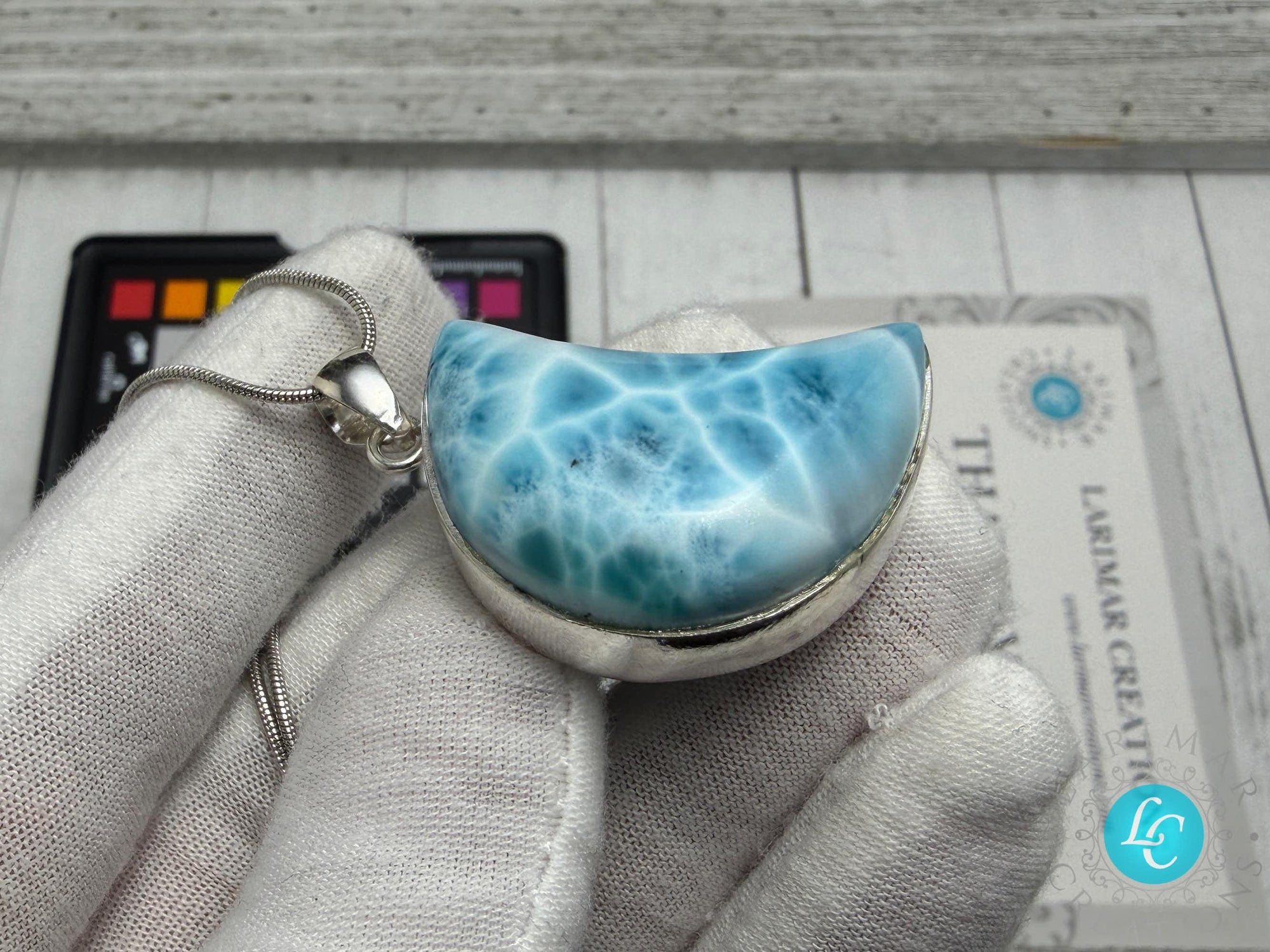 Large Larimar Moon Pendant Necklace – AAA Blue Larimar Statement Jewelry – Dominican Natural Gemstone Gift for Her