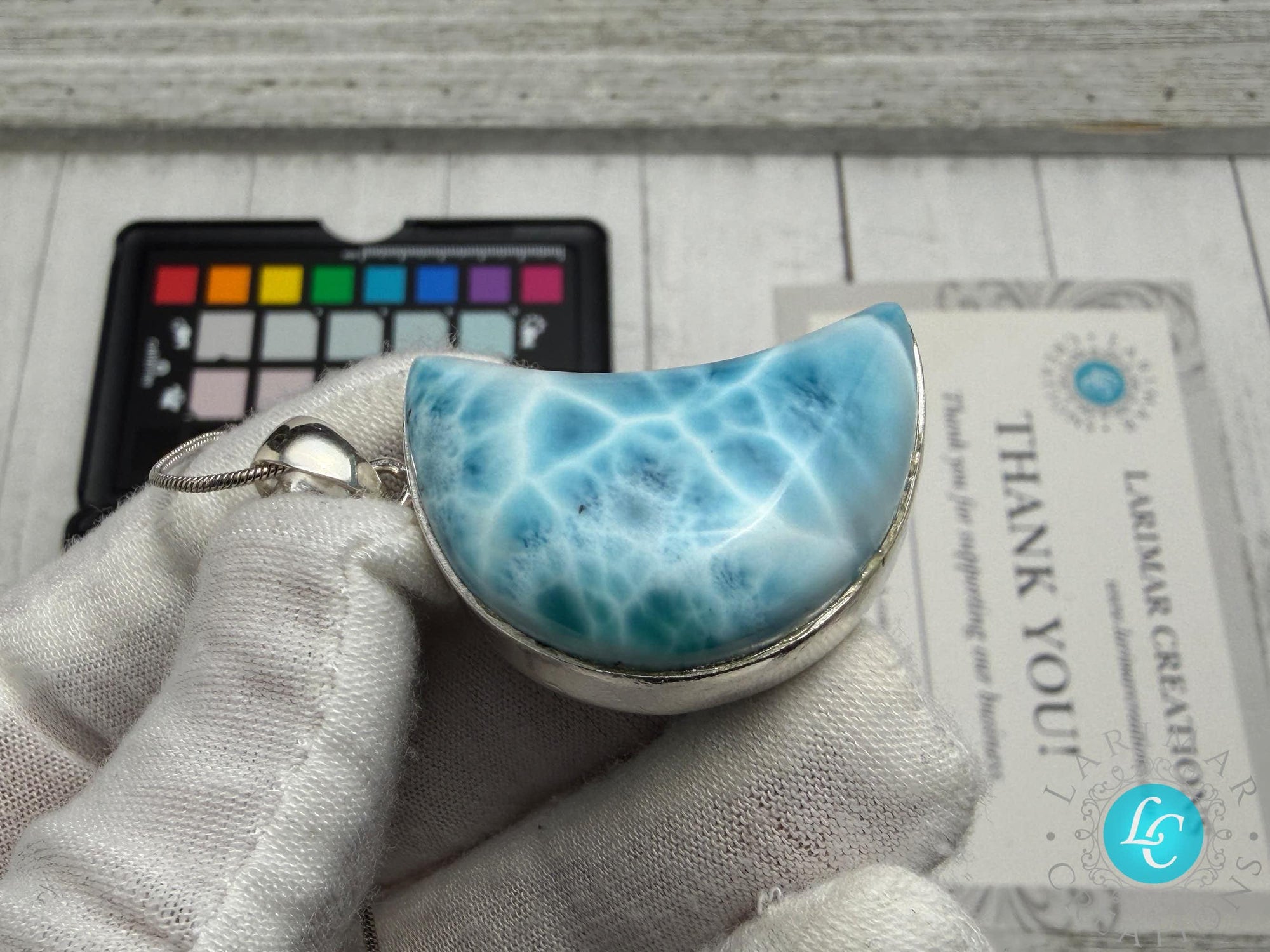 Large Larimar Moon Pendant Necklace – AAA Blue Larimar Statement Jewelry – Dominican Natural Gemstone Gift for Her
