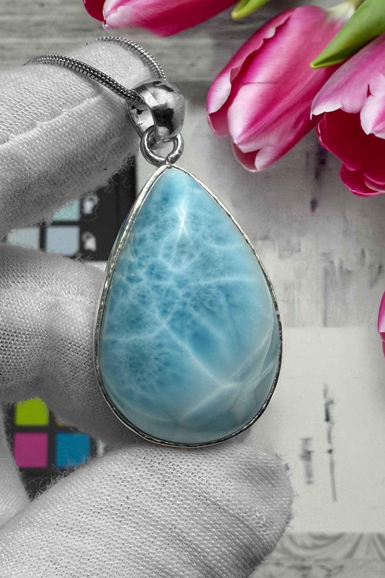 Teardrop Larimar Pendant Necklace, 925 Sterling Silver, Dominican AAA Kidney Pattern
