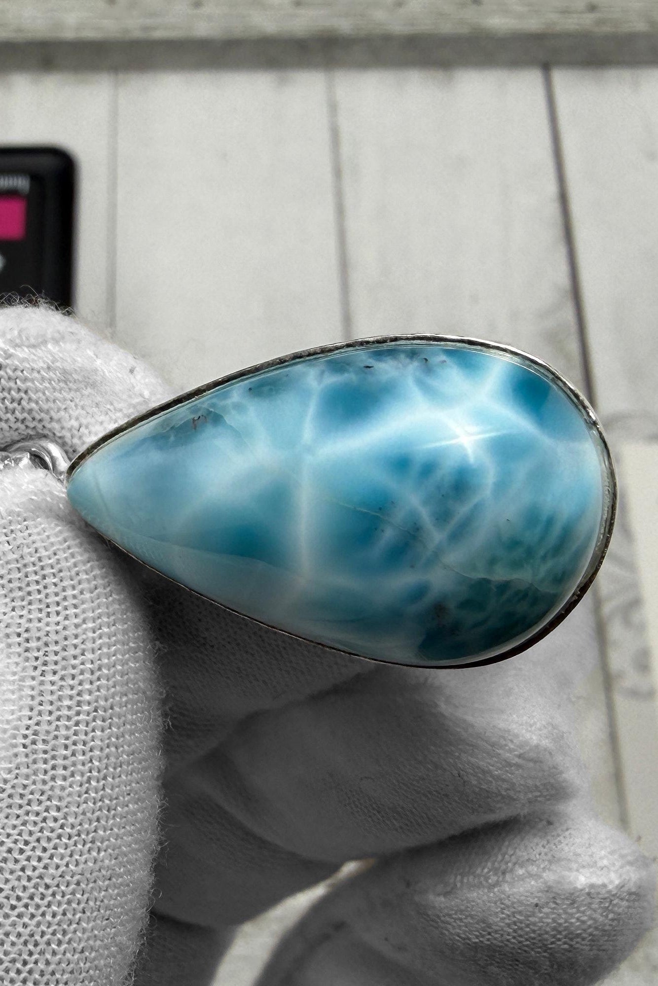 Larimar Pendant 925 Sterling Silver Big Rectangle Double Sided Polished Dominican Gemstone Necklace