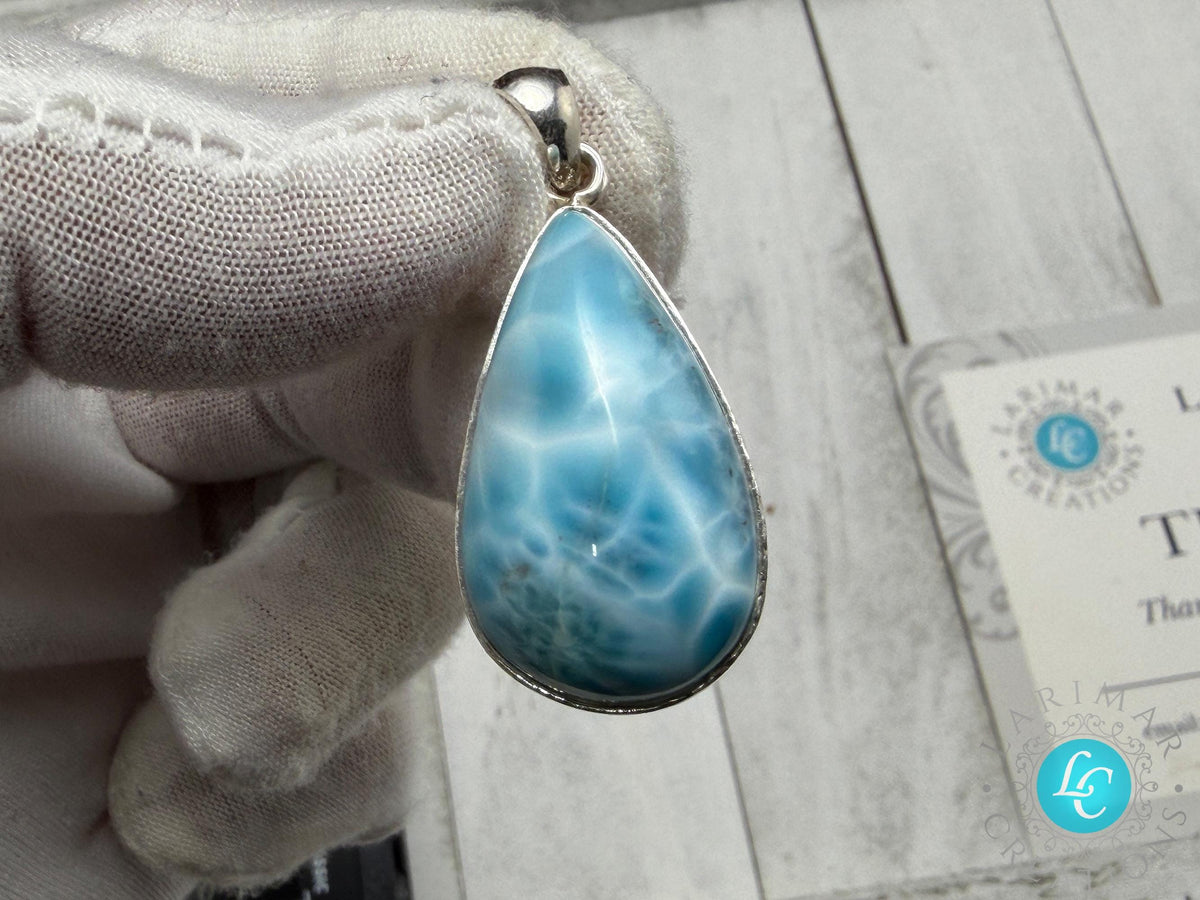Larimar Pendant 925 Sterling Silver Big Rectangle Double Sided Polished Dominican Gemstone Necklace