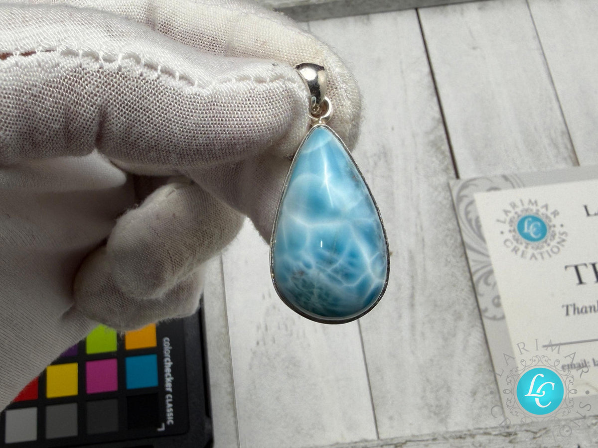 Larimar Pendant 925 Sterling Silver Big Rectangle Double Sided Polished Dominican Gemstone Necklace