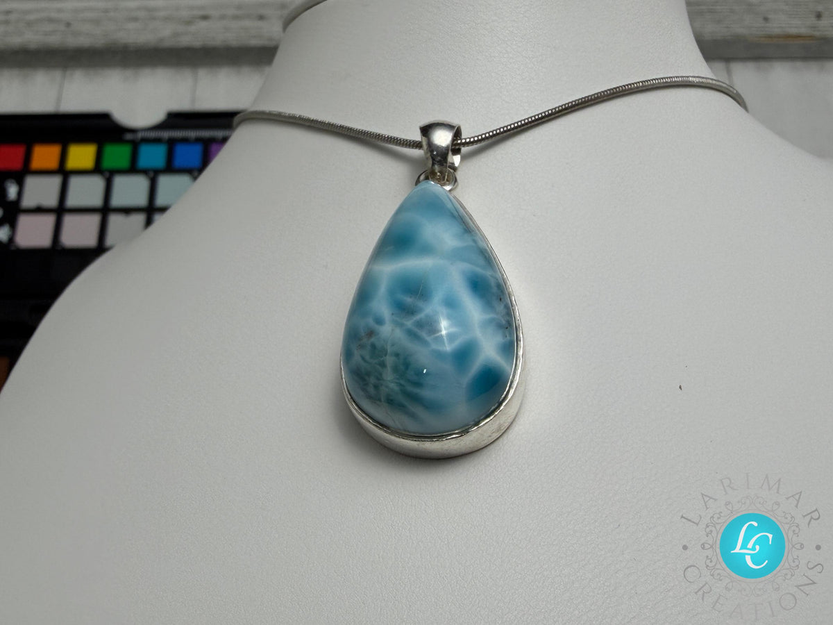 Larimar Pendant 925 Sterling Silver Big Rectangle Double Sided Polished Dominican Gemstone Necklace
