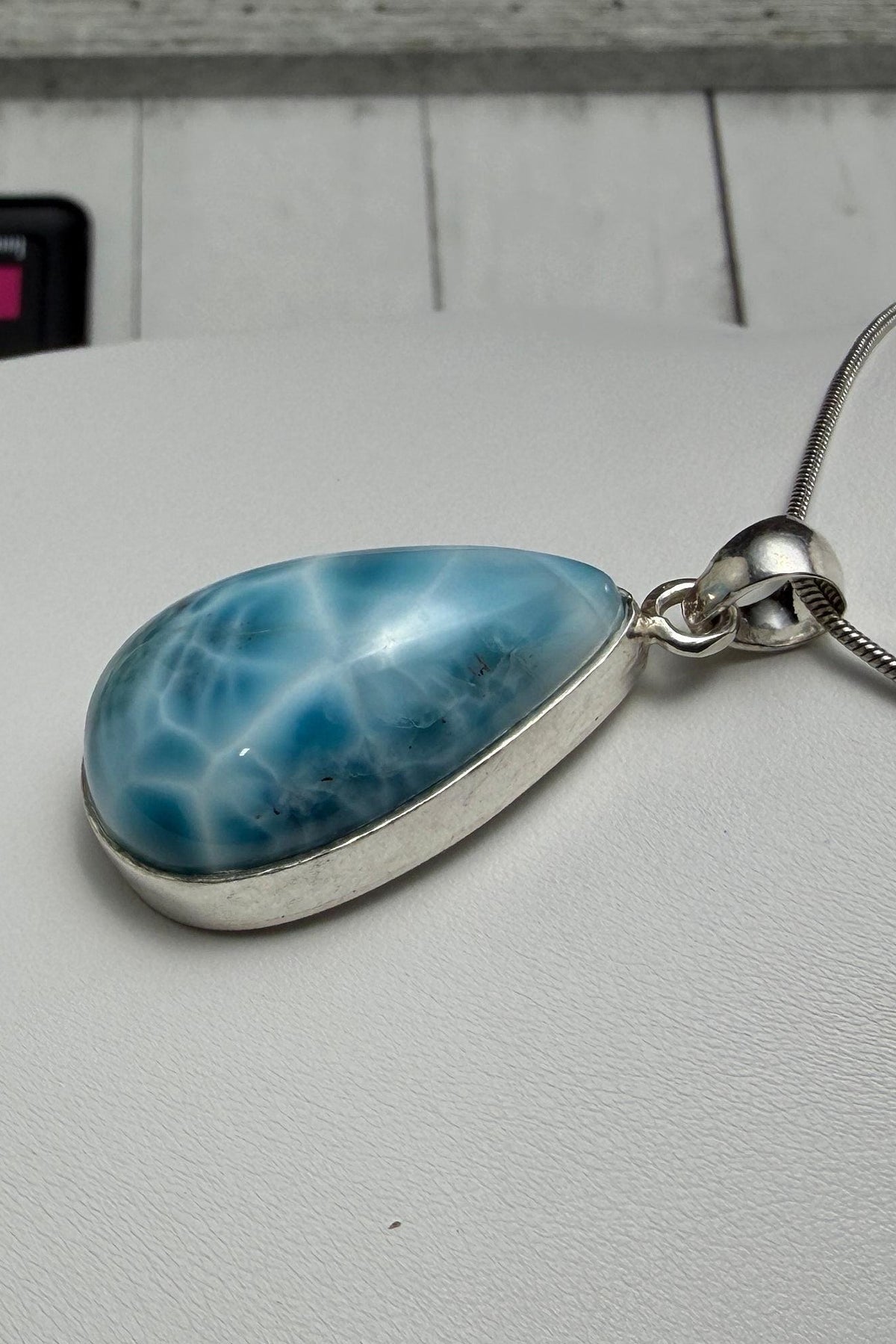 Larimar Pendant 925 Sterling Silver Big Rectangle Double Sided Polished Dominican Gemstone Necklace