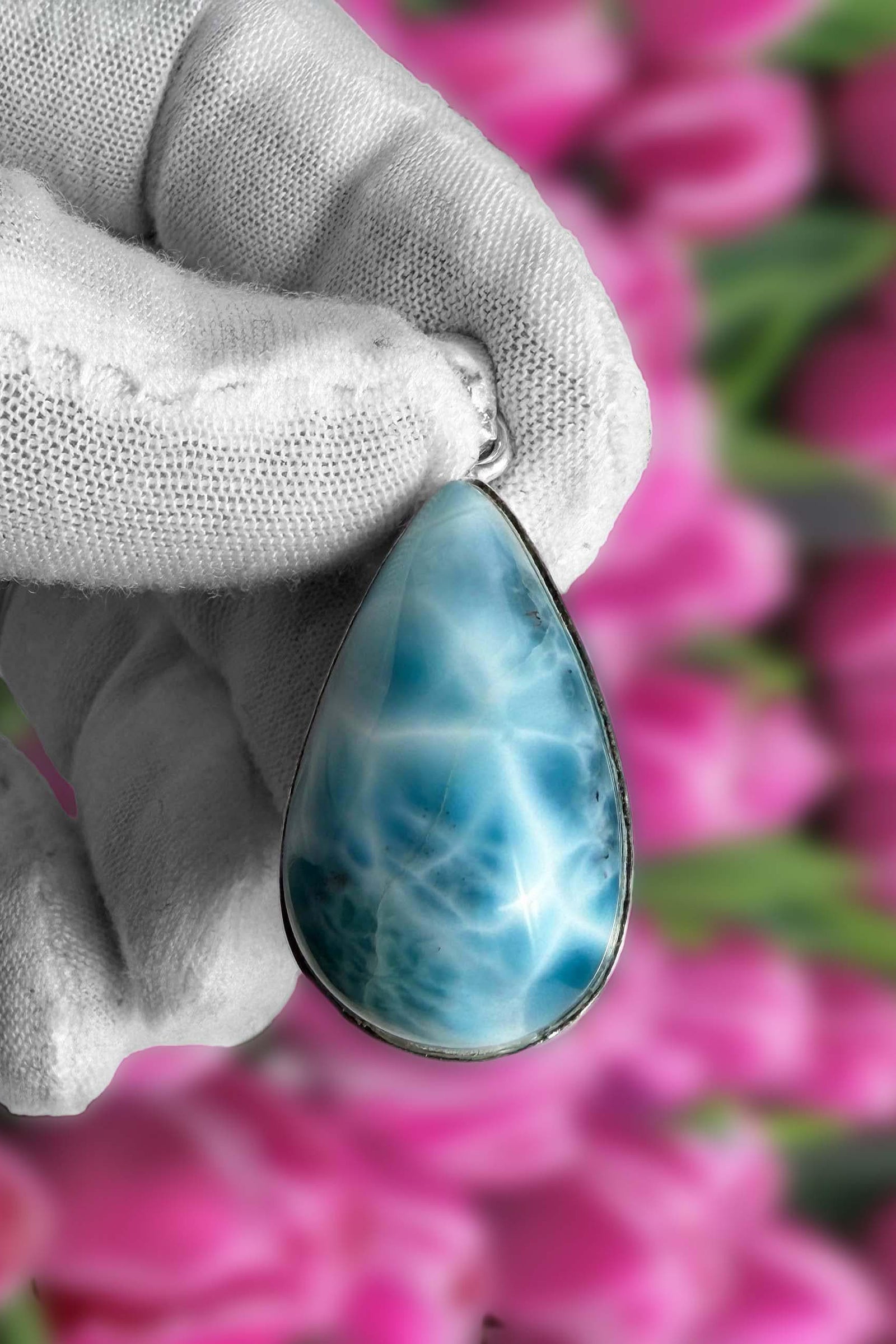 Larimar Pendant 925 Sterling Silver Big Rectangle Double Sided Polished Dominican Gemstone Necklace