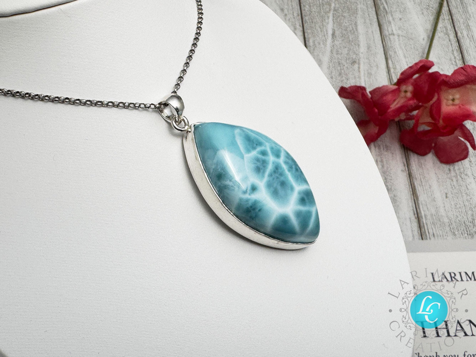 Natural Larimar Pendant 925 Sterling Silver Blue Dominican Gemstone Jewelry Handmade Healing Crystal Stone