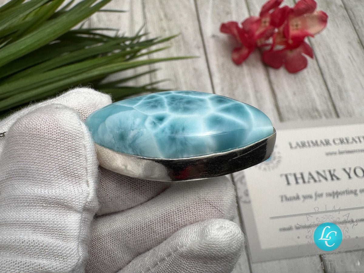 Natural Larimar Pendant 925 Sterling Silver Blue Dominican Gemstone Jewelry Handmade Healing Crystal Stone