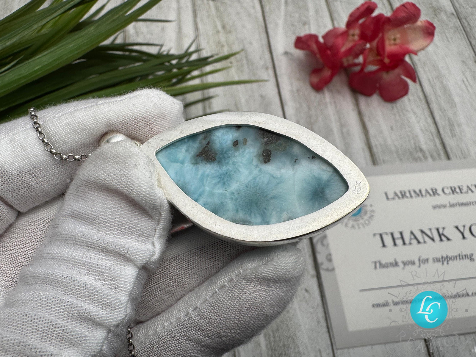 Natural Larimar Pendant 925 Sterling Silver Blue Dominican Gemstone Jewelry Handmade Healing Crystal Stone
