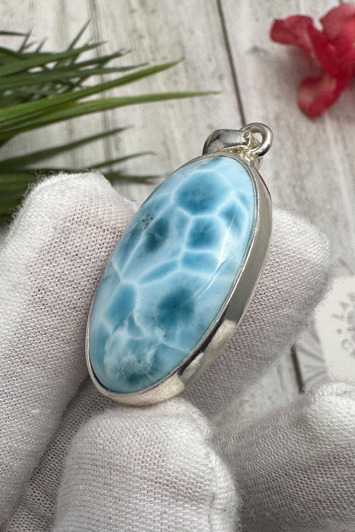 Oval Larimar Pendant Blue Gemstone Sterling Silver Handmade Dominican Stone Necklace Jewelry