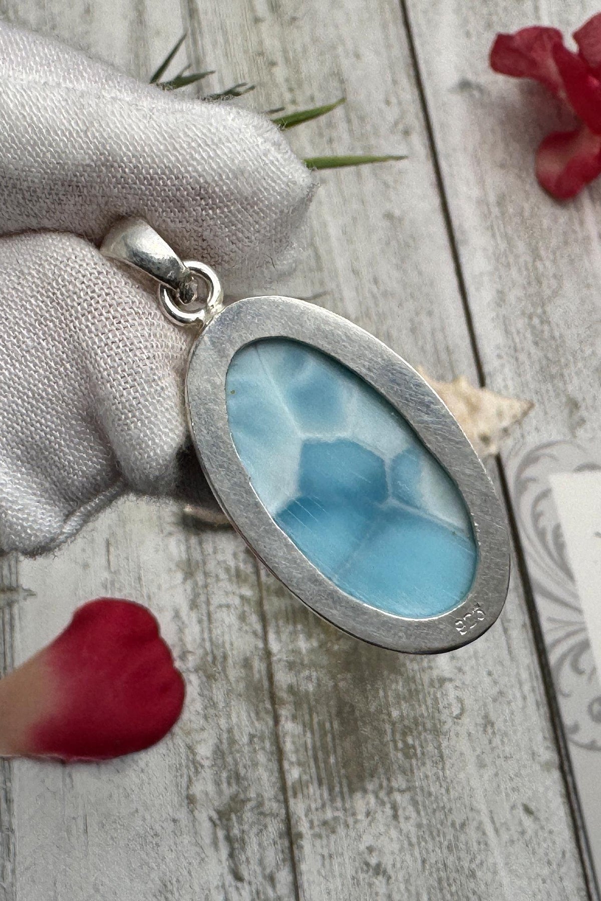 Oval Larimar Pendant Blue Gemstone Sterling Silver Handmade Dominican Stone Necklace Jewelry